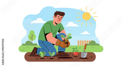 Man Planting Tree in Garden Soil.