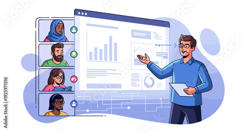 Man presenting data on virtual screen.