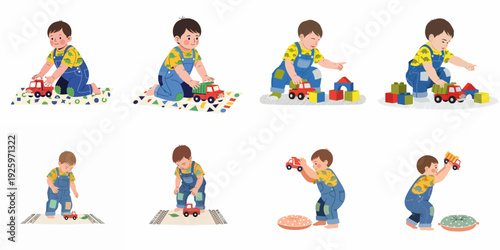 Playful young boy enjoys various activities with toy cars and building blocks, illustrating early childhood development and imaginative play.