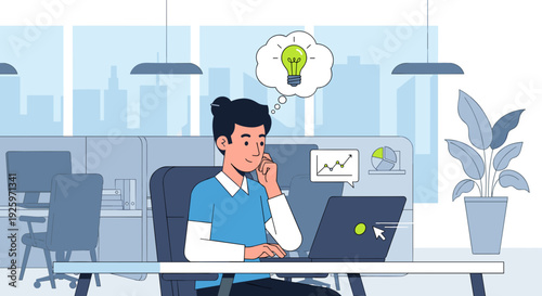 Man Sitting at Desk with Laptop Thinking.