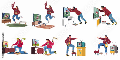Passionate American football fans at home, intensely watching games on TV, cheering, celebrating touchdowns, and experiencing the full spectrum of game-day emotions with snacks.