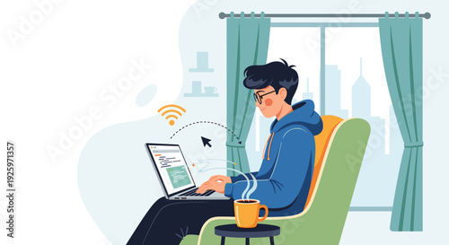 Man Using Laptop at Home Comfortably.