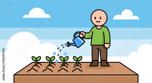 Man Watering Young Plants in Garden.