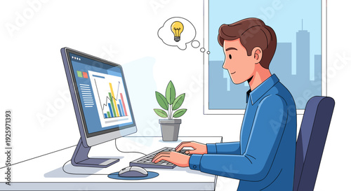 Man Working on Computer with Creative Idea.