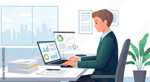 Man Working on Laptop with Business Charts.