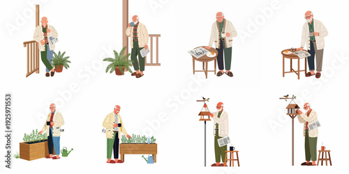 A collection of illustrations showing a senior man's peaceful daily life, enjoying coffee, reading, gardening, and feeding birds.