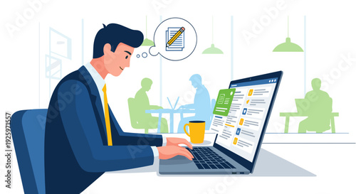 Man working on laptop with chart.