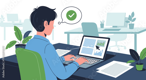 Man Working on Laptop with Green Checkmark.