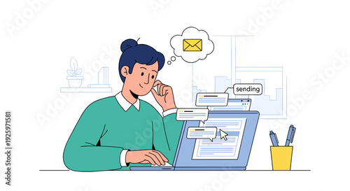 Man Working on Laptop with Thought Bubble 1.