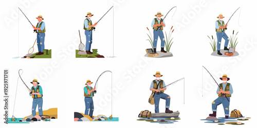 Elderly Man Fishing Activity Set: Various Poses and Scenes of Senior Fisherman Enjoying Outdoor Hobby with Rod, Reel, and Fishing Gear.
