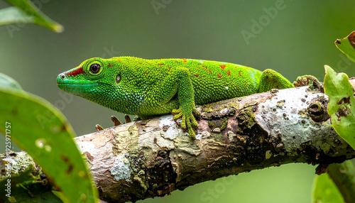 A vibrant green lizard perched on a tree branch surrounded by foliage