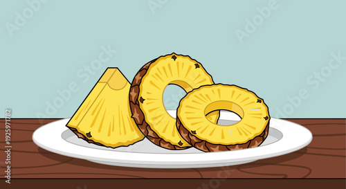 Sliced Pineapple on White Plate.