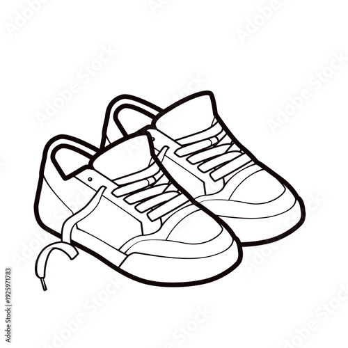 Vector outline of a pair of casual skate sneakers in 3/4 perspective. Black and white footwear line art with untied laces. Perfect for streetwear apparel, skate posters, and coloring books.