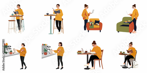 Young Woman Studying, Working, and Relaxing in Coffee Shop Scenes: A Flat Vector Illustration Set