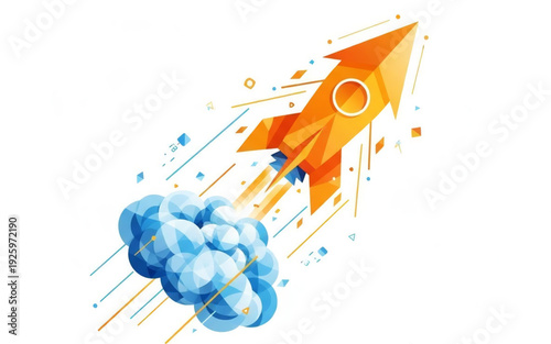 Dynamic geometric rocket launch illustration symbolizing business startup success, innovation, and rapid growth with vibrant trails and abstract elements