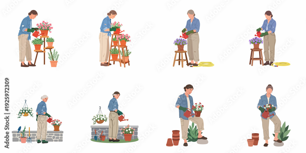 Fototapeta premium A collection of illustrations showing people watering potted plants and colorful flowers, engaged in various home gardening activities and plant care.