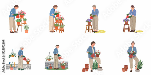 A collection of illustrations showing people watering potted plants and colorful flowers, engaged in various home gardening activities and plant care.