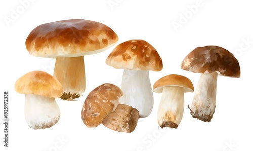 set of varios boletus mushrooms, Airbrush illustration on white