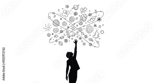 Silhouette of woman reaching for glowing orb icons