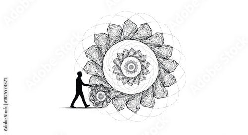 Black and white gear icon with man pushing cogwheel