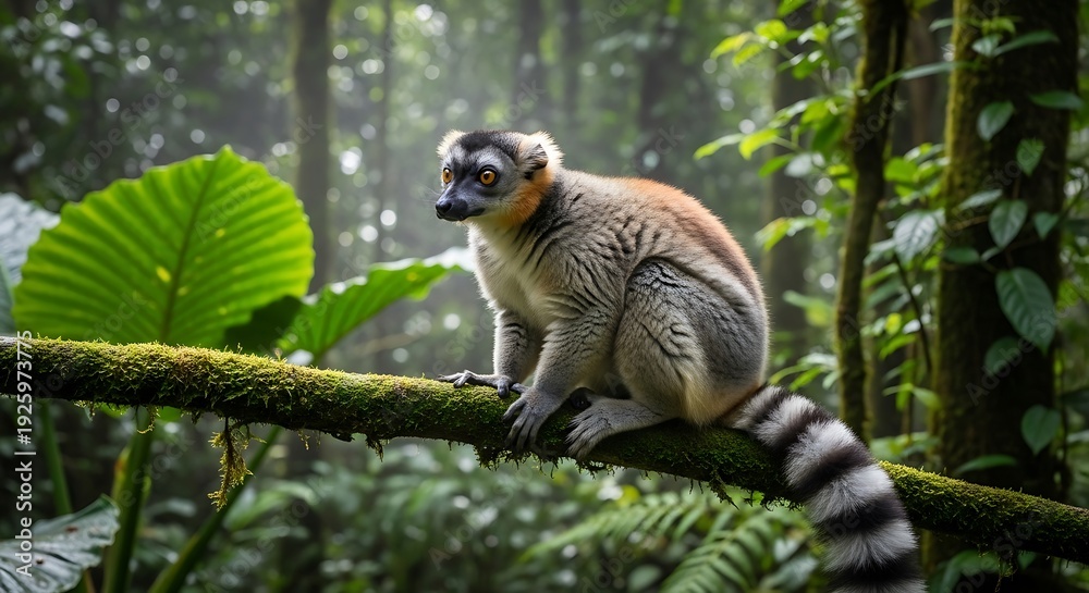 Fototapeta premium Ring-tailed Lemur Perched on Branch in Lush Rainforest.