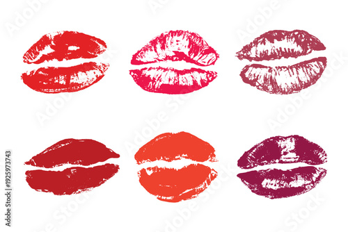 Set of lipstick kiss print Different shapes and colors imprint of lips Red pink female sexy lips makeup Design elements for beauty fashion poster Valentines Day wedding
