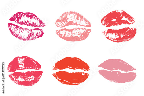 Set of lipstick kiss print Different shapes and colors imprint of lips Red pink female sexy lips makeup Design elements for beauty fashion poster Valentines Day wedding