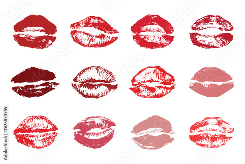 Set of lipstick kiss print Different shapes and colors imprint of lips Red pink female sexy lips makeup Design elements for beauty fashion poster Valentines Day wedding