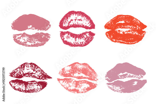 Set of lipstick kiss print Different shapes and colors imprint of lips Red pink female sexy lips makeup Design elements for beauty fashion poster Valentines Day wedding