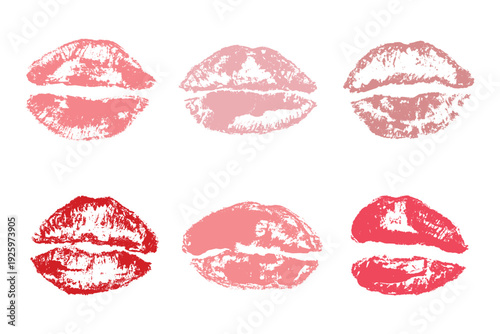 Set of lipstick kiss print Different shapes and colors imprint of lips Red pink female sexy lips makeup Design elements for beauty fashion poster Valentines Day wedding
