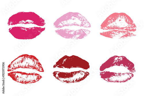 Set of lipstick kiss print Different shapes and colors imprint of lips Red pink female sexy lips makeup Design elements for beauty fashion poster Valentines Day wedding