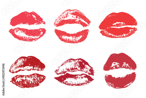 Set of lipstick kiss print Different shapes and colors imprint of lips Red pink female sexy lips makeup Design elements for beauty fashion poster Valentines Day wedding