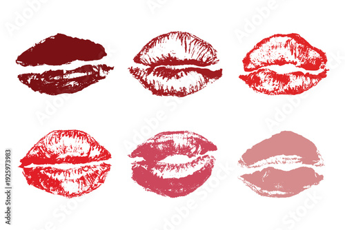 Set of lipstick kiss print Different shapes and colors imprint of lips Red pink female sexy lips makeup Design elements for beauty fashion poster Valentines Day wedding