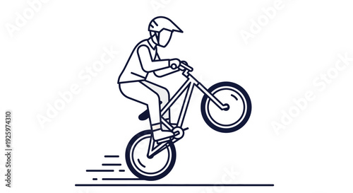 Cyclist performing wheelie trick on bicycle, outline drawing, dynamic motion