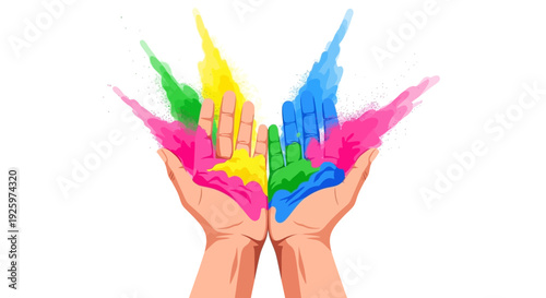 Colorful illustration of hands releasing vibrant paint splashes in pink, blue, yellow, and green hues against a white background