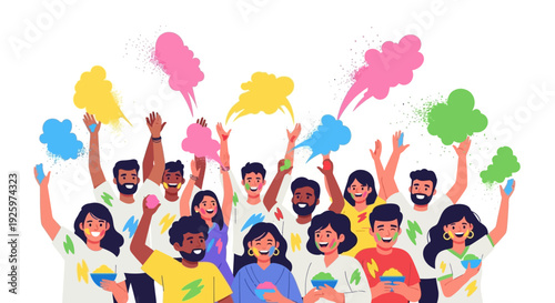 A vibrant illustration of diverse people celebrating Holi Festival Day with colorful powder and smoke in a joyful atmosphere