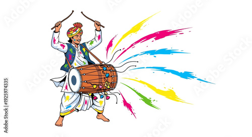 A joyful man in traditional Indian attire playing a drum with colorful powder splashes around him on Holi Festival Day in a vibrant illustration
