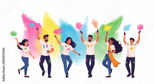 Vector illustration of a diverse group of people celebrating Holi Festival Day with colorful powder and smoke in a joyful and happy atmosphere