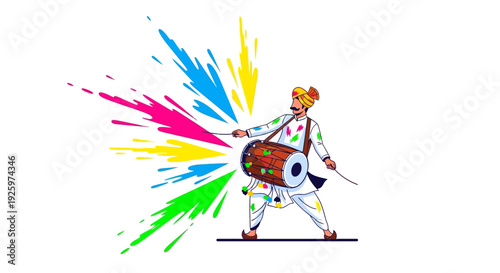 Vector illustration of a man playing a drum with colorful paint splashes, celebrating Holi Festival Day with joyful and happy atmosphere