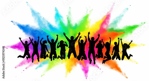 A vibrant illustration of people celebrating Holi Festival Day with joyful silhouettes jumping against a colorful splash of rainbow hues