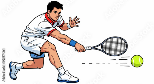 Male tennis player hitting ball with racket during match, action shot