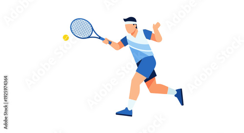 Male tennis player hitting ball with racket, dynamic action shot, flat design illustration