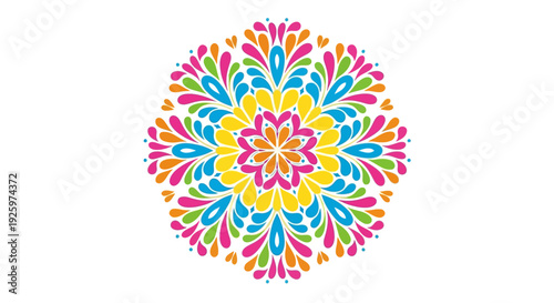 Vibrant Holi Festival illustration features a colorful mandala design with intricate patterns and bold hues on a clean white background
