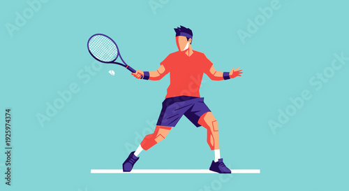 Male Tennis Player Mid-Action, Hitting Forehand Shot, Dynamic Sports Illustration