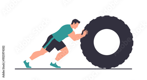 Man pushing large tire for strength training exercise