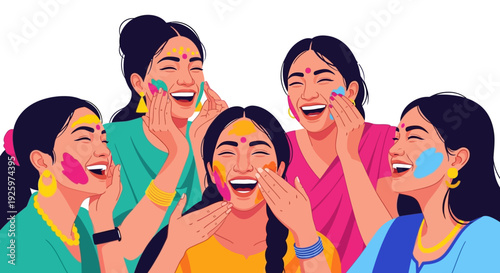 A colorful illustration of five happy Indian women celebrating Holi Festival Day with joyful faces and hands covered in powder paint