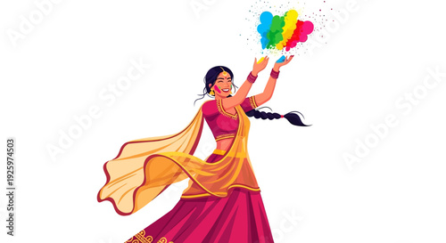 A joyful Indian woman in a vibrant pink and orange dress throwing colorful powder into the air on Holi Festival Day