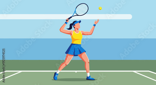 Woman tennis player serving ball on court, athletic sport game illustration