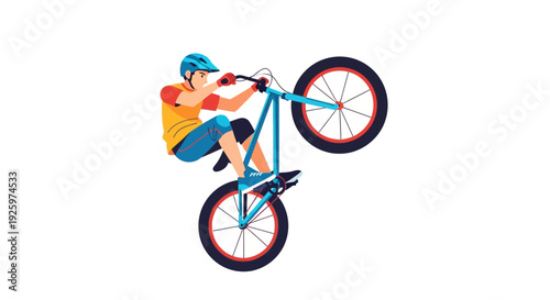 Young man doing a wheelie on a bicycle, extreme sports, flat design illustration