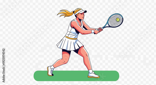 Woman playing tennis, striking ball with racket, athletic sport illustration